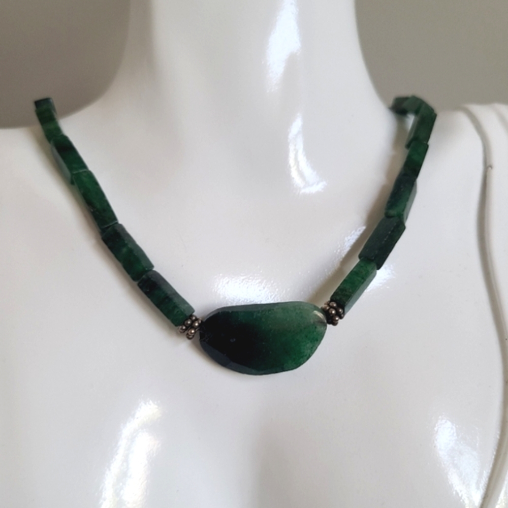 Vintage KC Italy Green Onyx Beaded Heart Boho Sterling Silver Chain Necklace